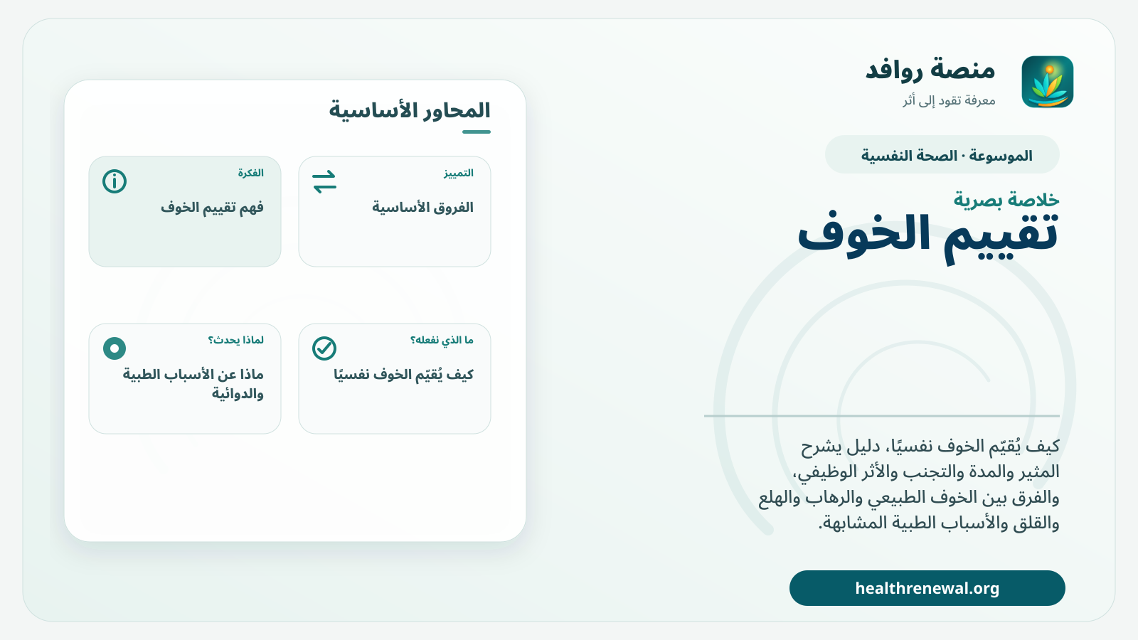 صورة بارزة من منصة روافد تلخص «تقييم الخوف: متى يكون طبيعيًا ومتى يحتاج تقييمًا أعمق؟» بصريًا وفق محاور الصفحة الأساسية
