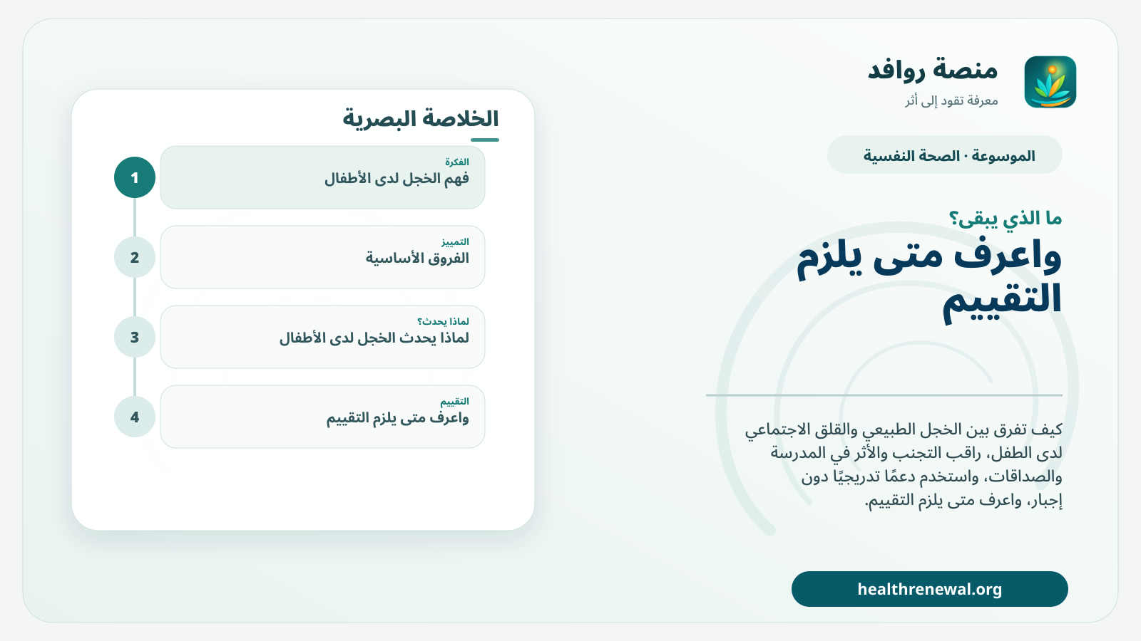 مخطط ختامي من منصة روافد يلخص «الخجل لدى الأطفال: متى يكون طبعًا طبيعيًا ومتى نبحث عن قلق اجتماعي؟» ويعرض أهم المحاور والخطوات التالية