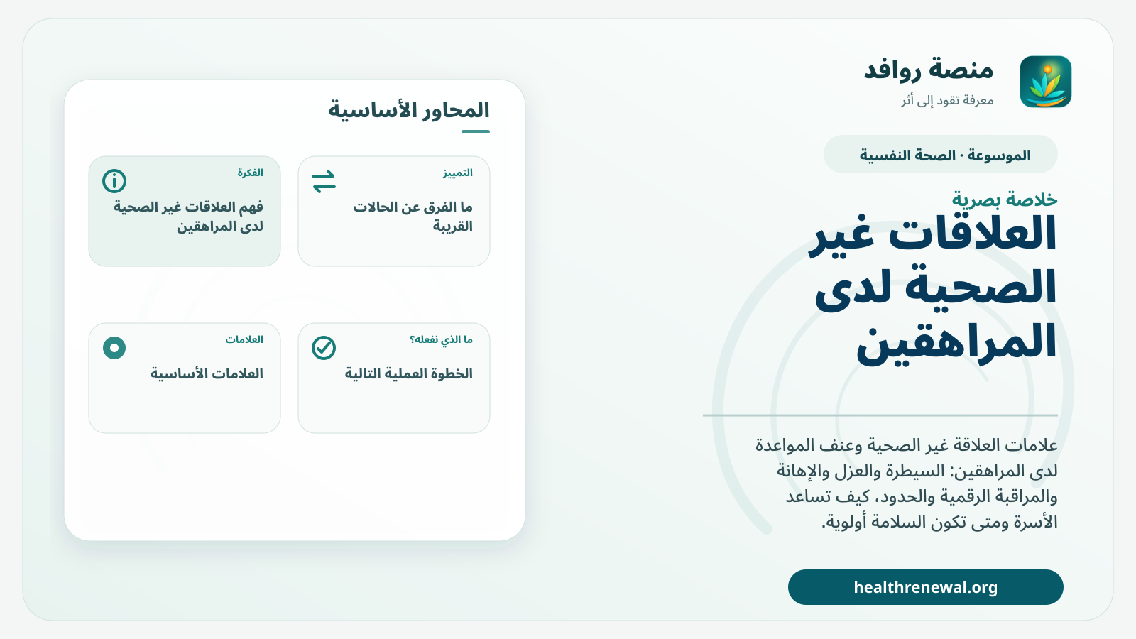 صورة بارزة من منصة روافد تلخص «العلاقات غير الصحية لدى المراهقين: العلامات والحدود وطلب المساعدة» بصريًا وفق محاور الصفحة الأساسية