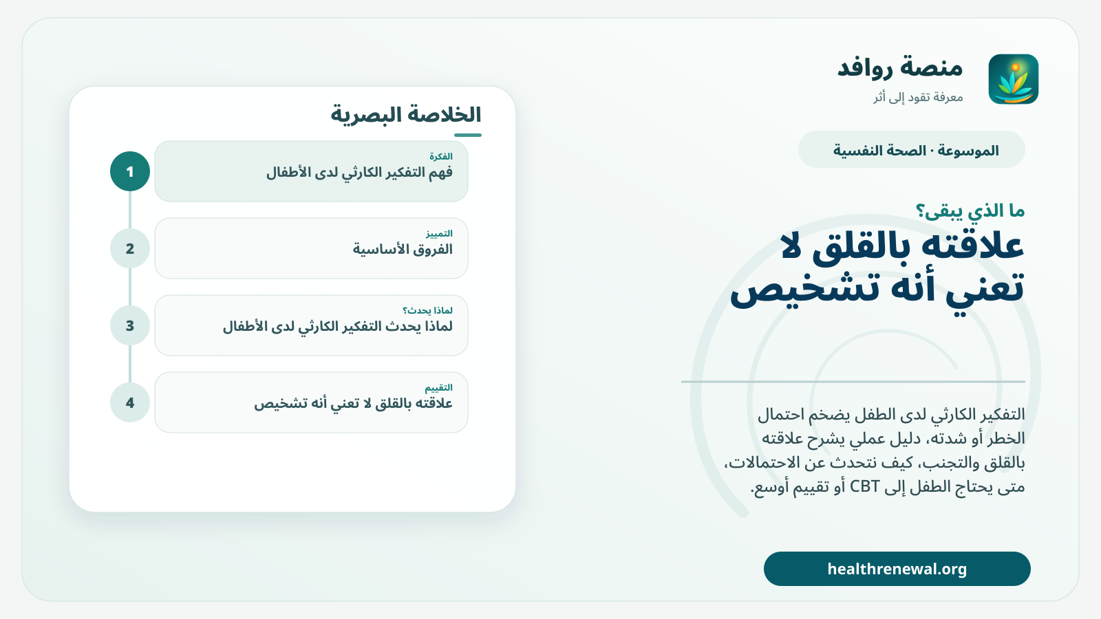 مخطط ختامي من منصة روافد يلخص «التفكير الكارثي لدى الأطفال: من توقع الأسوأ إلى اختبار الاحتمال» ويعرض أهم المحاور والخطوات التالية