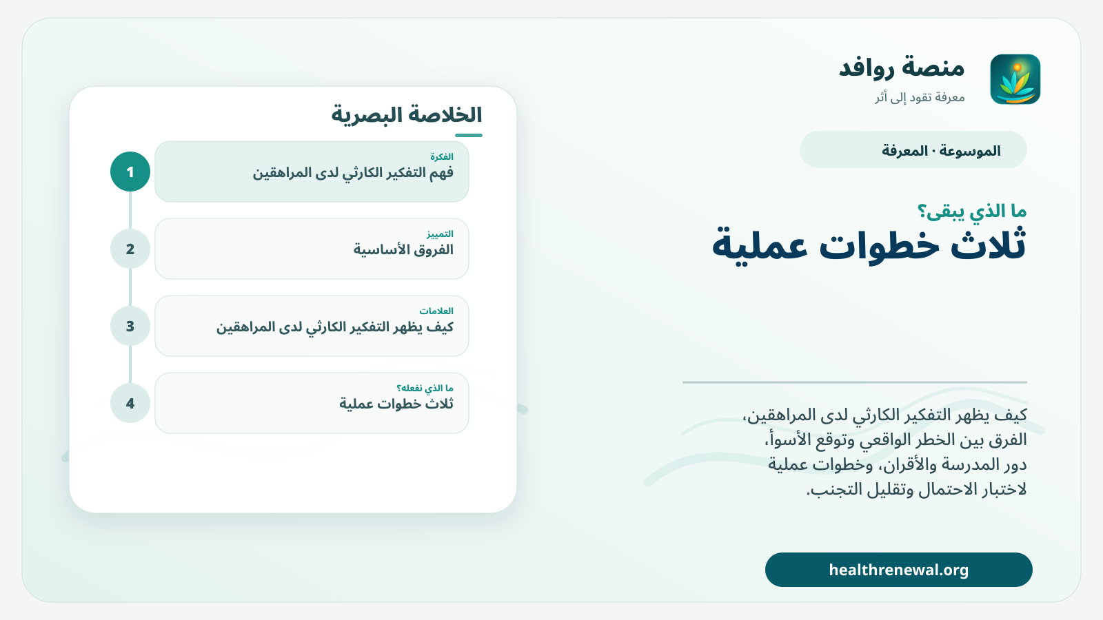 مخطط ختامي من منصة روافد يلخص «التفكير الكارثي لدى المراهقين: من توقع الأسوأ إلى اختبار الاحتمال» ويعرض أهم المحاور والخطوات التالية