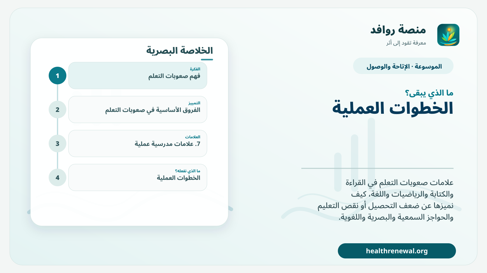 مخطط ختامي من منصة روافد يلخص «صعوبات التعلم: علامات القراءة والكتابة والرياضيات التي تستحق تقييمًا» ويعرض أهم المحاور والخطوات التالية