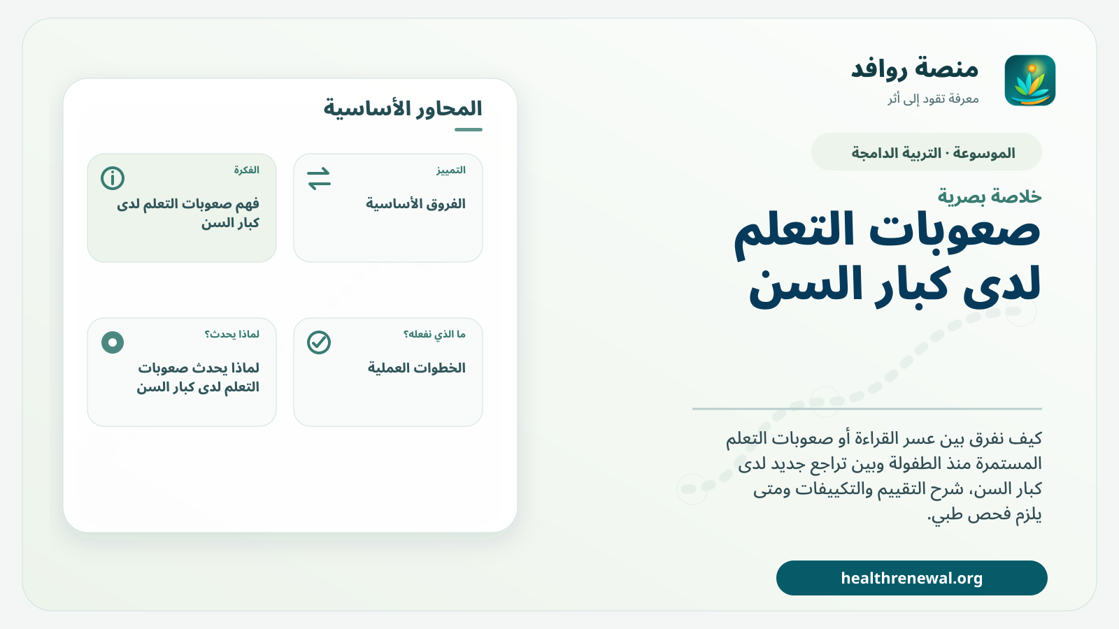 صورة بارزة من منصة روافد تلخص «صعوبات التعلم لدى كبار السن: ما يستمر منذ الطفولة وما يستدعي تقييمًا جديدًا» بصريًا وفق محاور الصفحة الأساسية