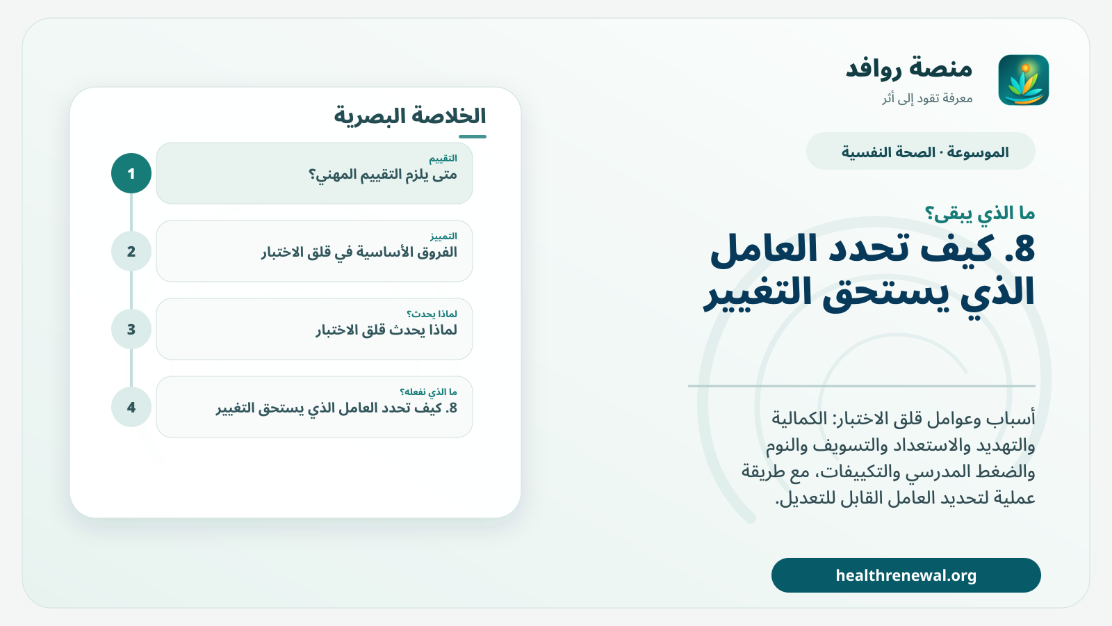 مخطط ختامي من منصة روافد يلخص «قلق الاختبار: لماذا يزداد لدى بعض الطلاب؟ عوامل قابلة للتعديل» ويعرض أهم المحاور والخطوات التالية