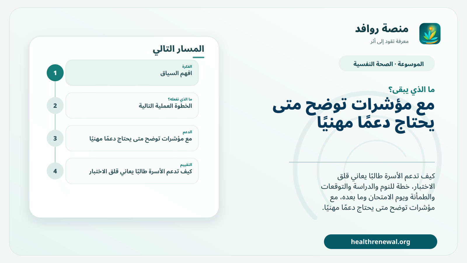 مخطط ختامي من منصة روافد يلخص «قلق الاختبار داخل الأسرة: كيف ندعم الطالب دون زيادة الضغط؟» ويعرض أهم المحاور والخطوات التالية