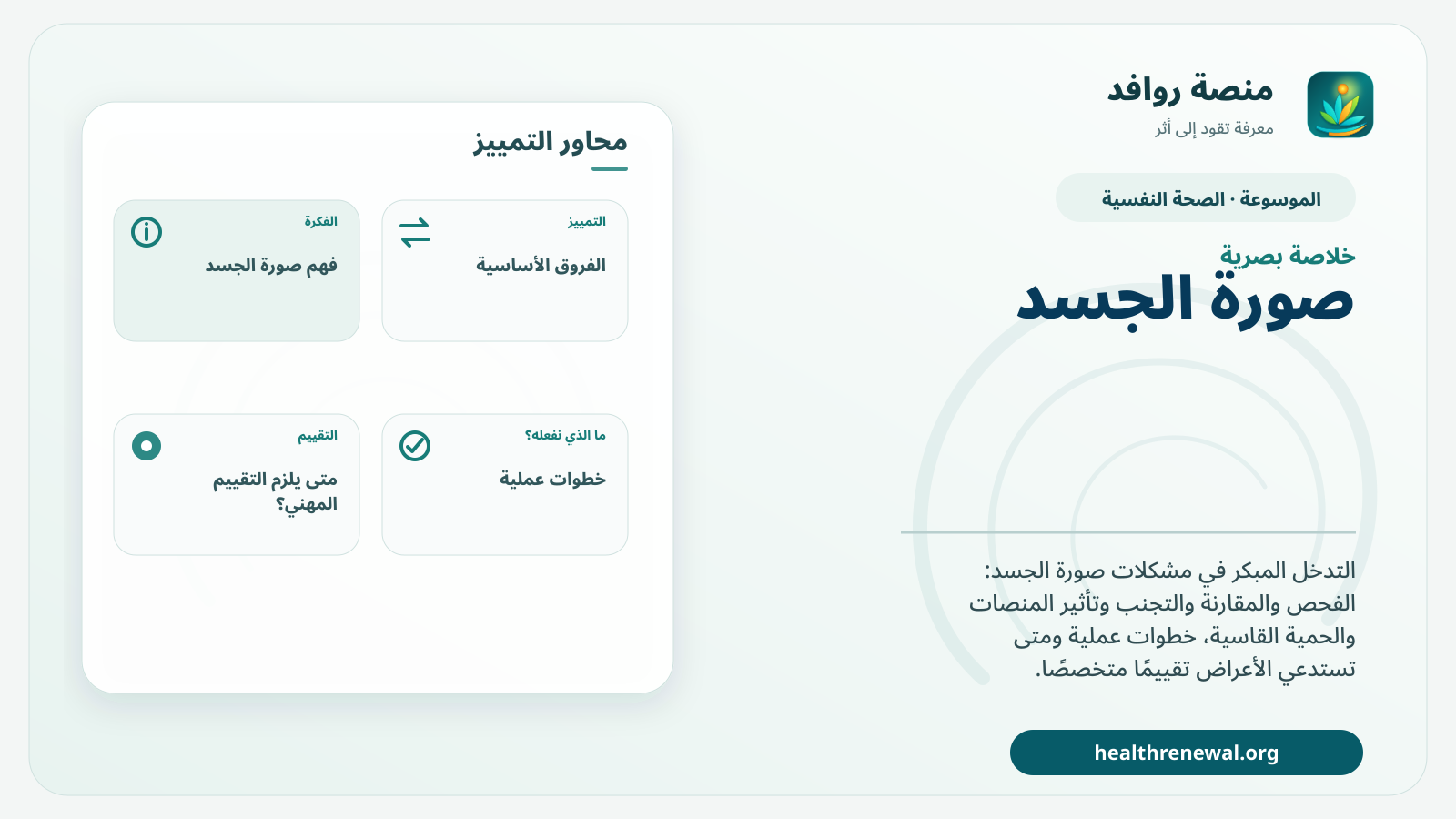 صورة بارزة من منصة روافد تلخص «صورة الجسد: تدخل مبكر قبل أن تتسع دائرة المقارنة والتجنب» بصريًا وفق محاور الصفحة الأساسية