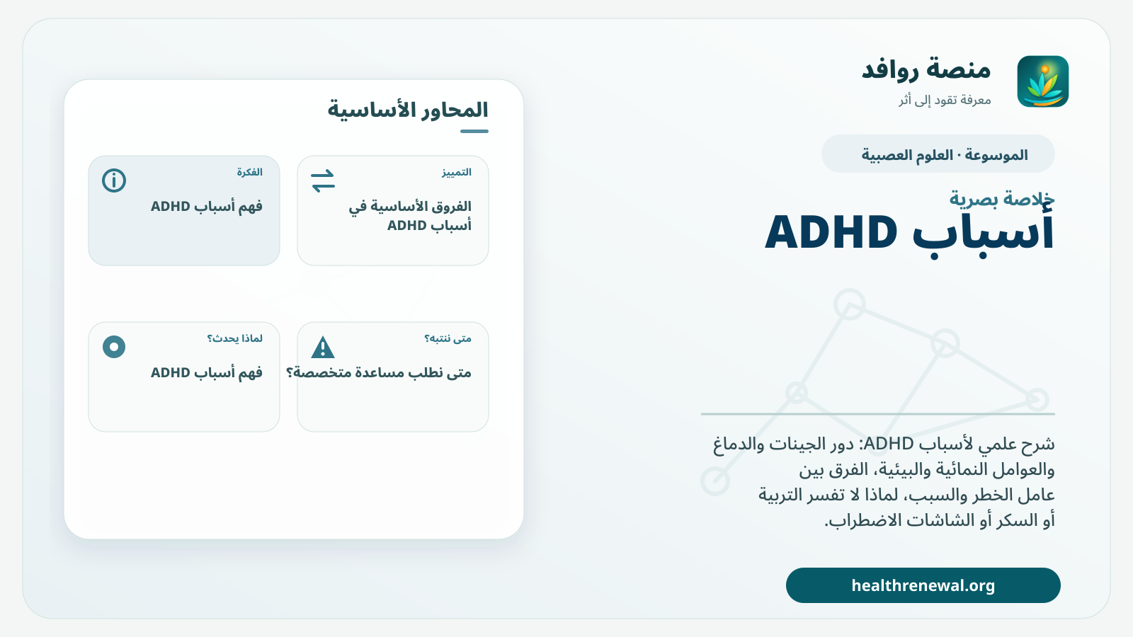 صورة بارزة من منصة روافد تلخص «أسباب ADHD: دور الجينات والدماغ وعوامل الخطر وما لا يسبب الاضطراب» بصريًا وفق محاور الصفحة الأساسية