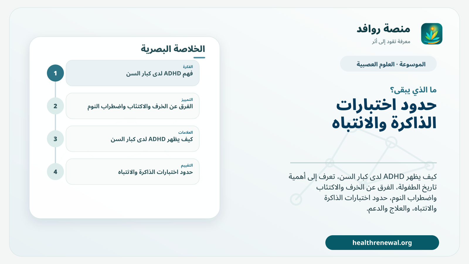مخطط ختامي من منصة روافد يلخص «ADHD لدى كبار السن: كيف نميّزه عن التغير المعرفي المرتبط بالعمر؟» ويعرض أهم المحاور والخطوات التالية