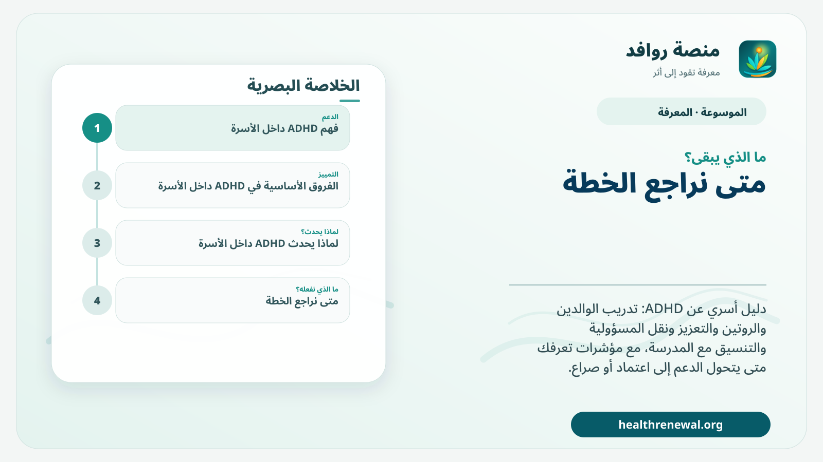 مخطط ختامي من منصة روافد يلخص «ADHD داخل الأسرة: تنظيم الدعم وتقليل الصراع ونقل المسؤولية» ويعرض أهم المحاور والخطوات التالية