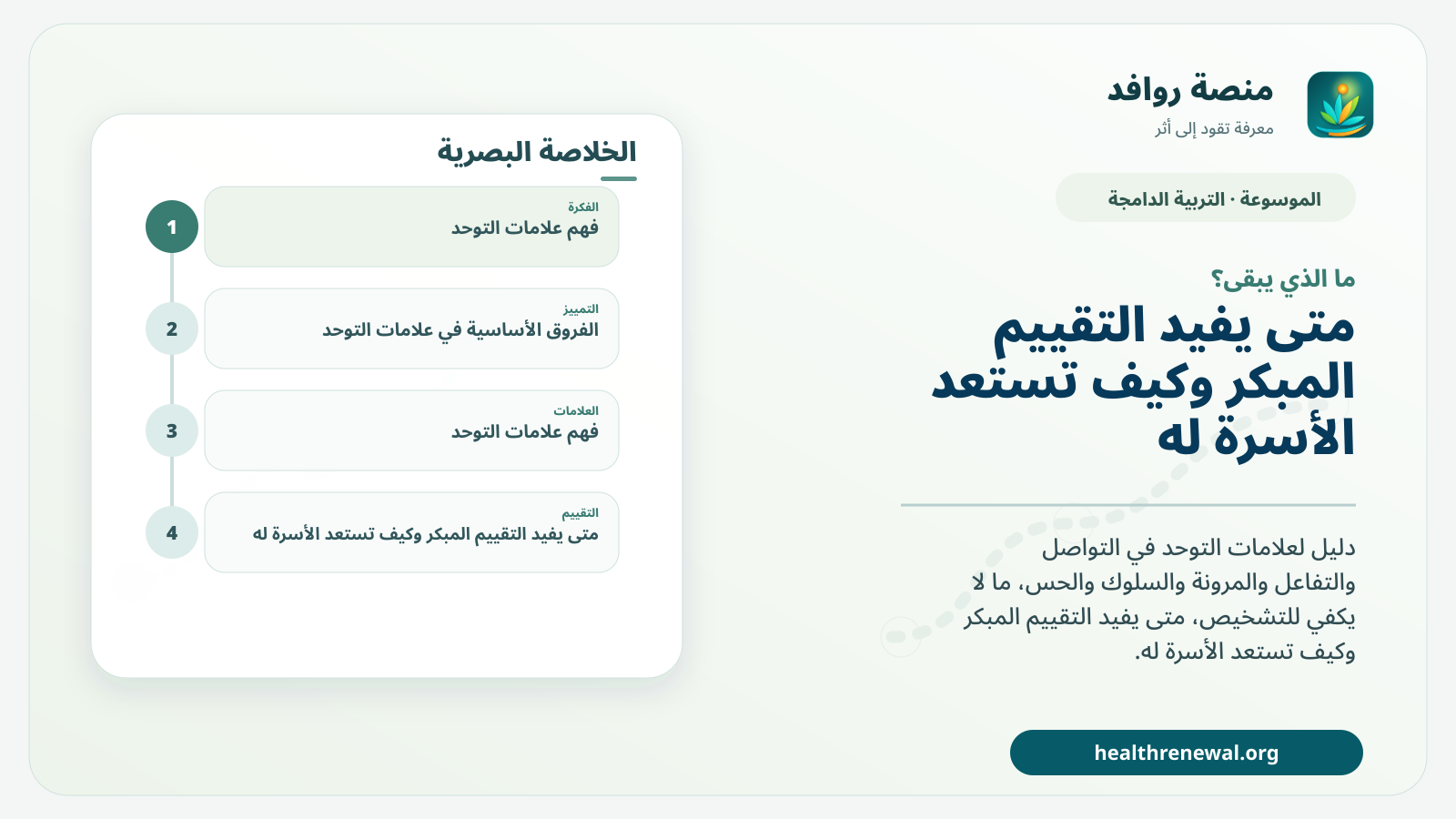 مخطط ختامي من منصة روافد يلخص «علامات التوحد: ماذا نلاحظ ومتى نطلب تقييمًا؟» ويعرض أهم المحاور والخطوات التالية