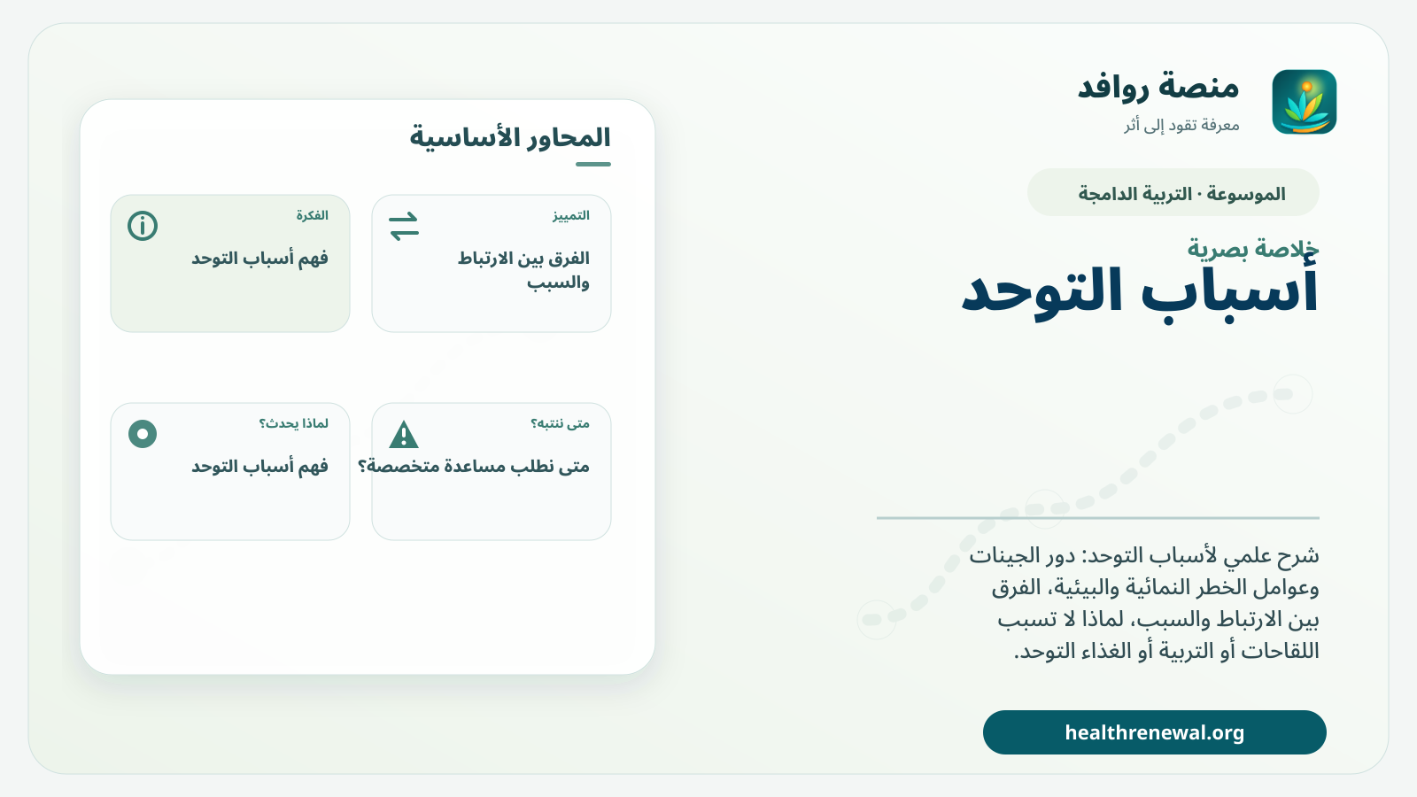 صورة بارزة من منصة روافد تلخص «أسباب التوحد: الجينات وعوامل الخطر وما الذي لا يسبب التوحد» بصريًا وفق محاور الصفحة الأساسية