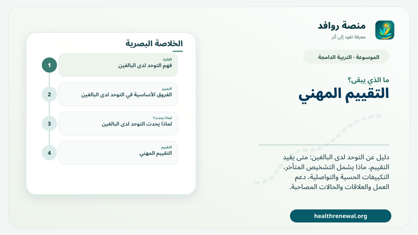 مخطط ختامي من منصة روافد يلخص «التوحد لدى البالغين: التقييم والدعم والعمل والعلاقات» ويعرض أهم المحاور والخطوات التالية