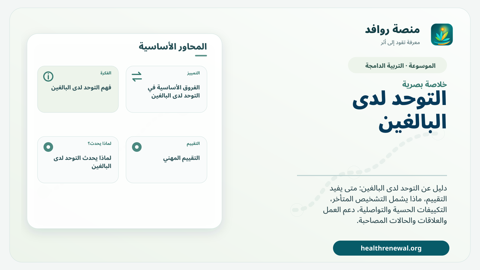 صورة بارزة من منصة روافد تلخص «التوحد لدى البالغين: التقييم والدعم والعمل والعلاقات» بصريًا وفق محاور الصفحة الأساسية