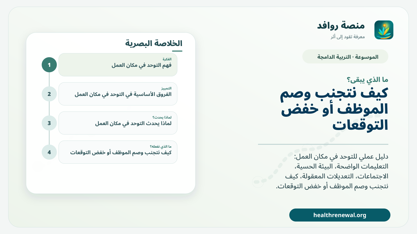 مخطط ختامي من منصة روافد يلخص «التوحد في مكان العمل: التعديلات والتواصل والبيئة الحسية» ويعرض أهم المحاور والخطوات التالية