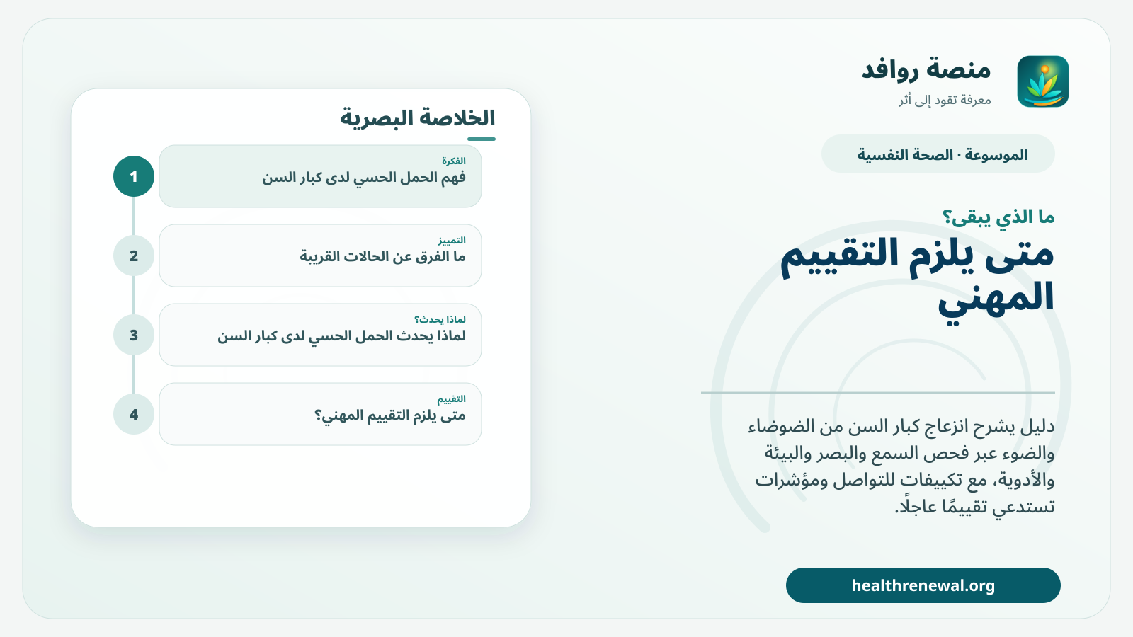 مخطط ختامي من منصة روافد يلخص «الحمل الحسي لدى كبار السن: السمع والبصر والضوضاء والبيئة قبل تفسير السلوك» ويعرض أهم المحاور والخطوات التالية