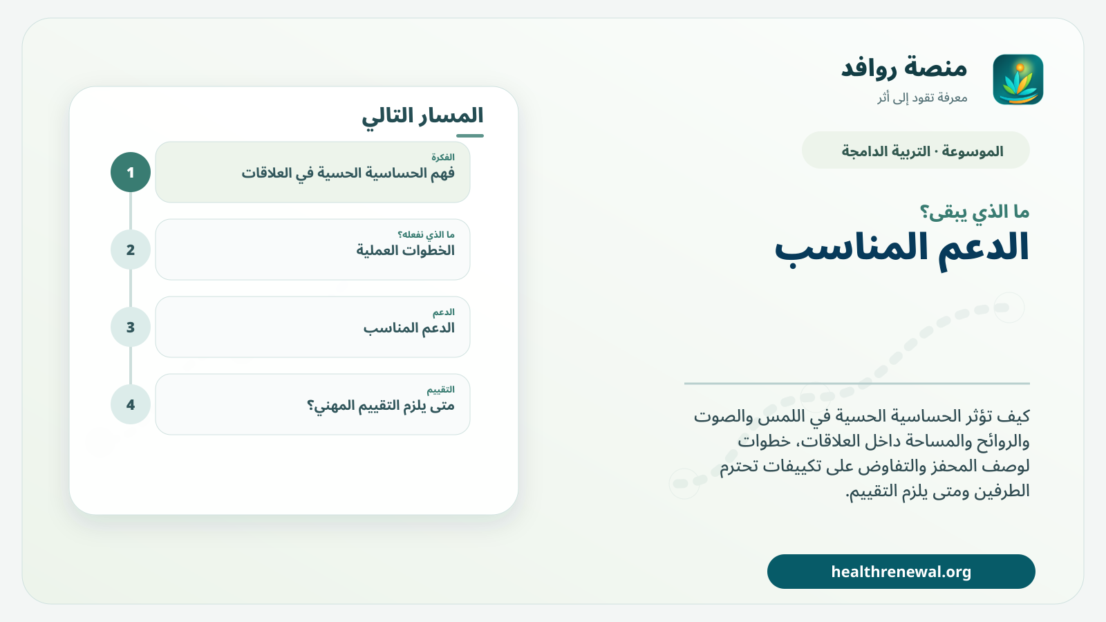 مخطط ختامي من منصة روافد يلخص «الحساسية الحسية في العلاقات: كيف نتفاوض على اللمس والصوت والمساحة؟» ويعرض أهم المحاور والخطوات التالية