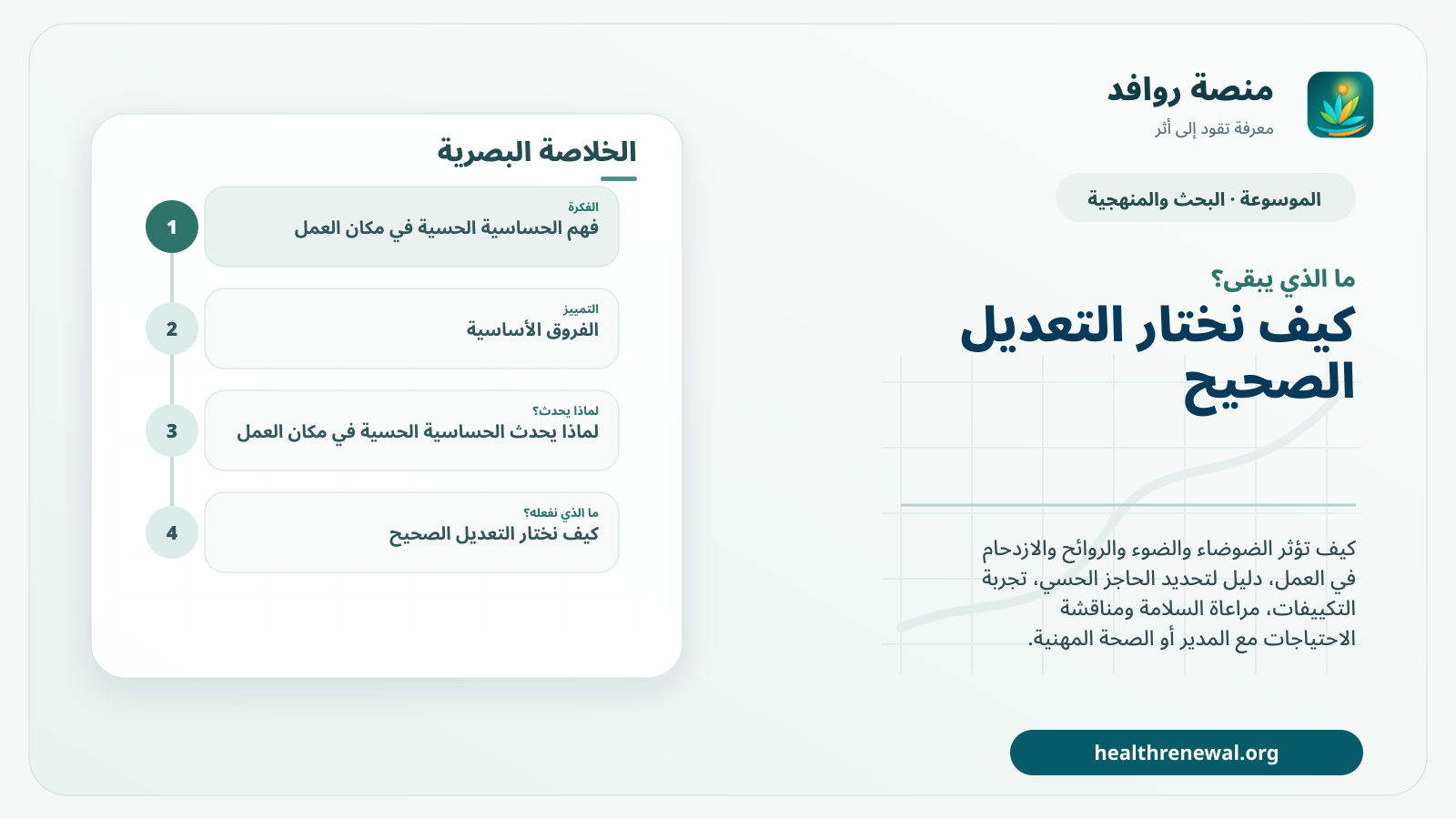 مخطط ختامي من منصة روافد يلخص «الحساسية الحسية في مكان العمل: من تحديد الحاجز إلى تعديل البيئة» ويعرض أهم المحاور والخطوات التالية