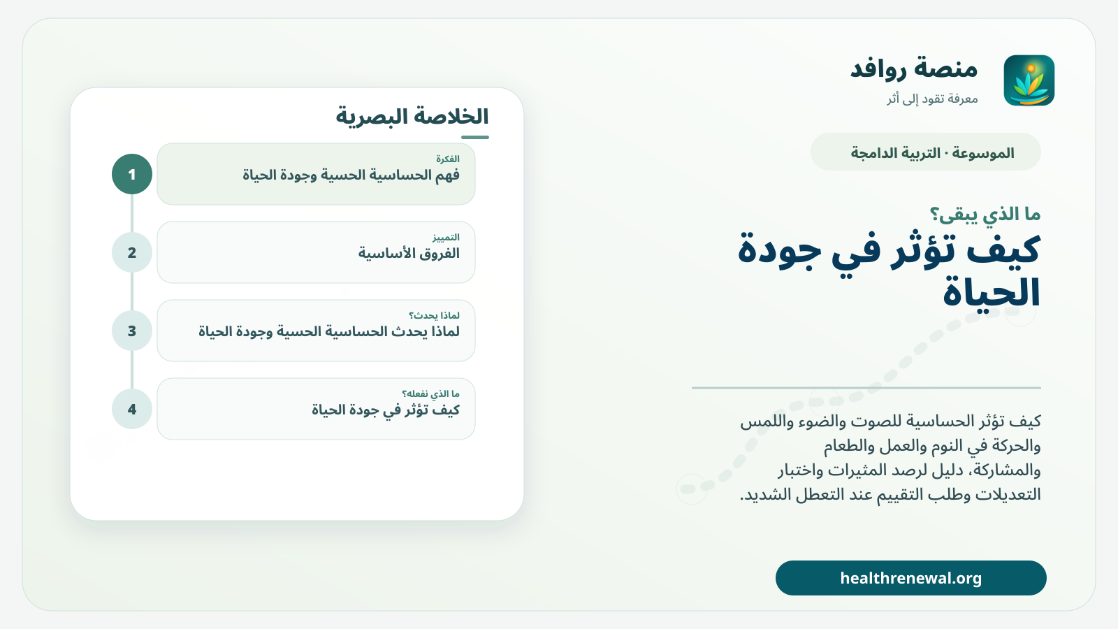 مخطط ختامي من منصة روافد يلخص «الحساسية الحسية وجودة الحياة: من المثير إلى المشاركة اليومية» ويعرض أهم المحاور والخطوات التالية