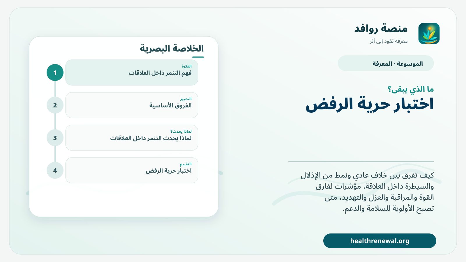 مخطط ختامي من منصة روافد يلخص «التنمر داخل العلاقات: متى يصبح المزاح أو النقد نمطًا من الإذلال والسيطرة؟» ويعرض أهم المحاور والخطوات التالية