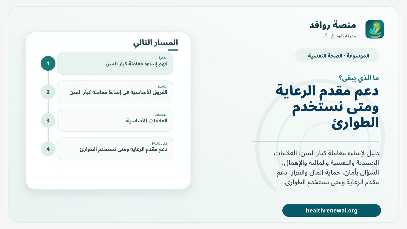 مخطط ختامي من منصة روافد يلخص «إساءة معاملة كبار السن: العلامات والحماية والاستجابة الآمنة» ويعرض أهم المحاور والخطوات التالية