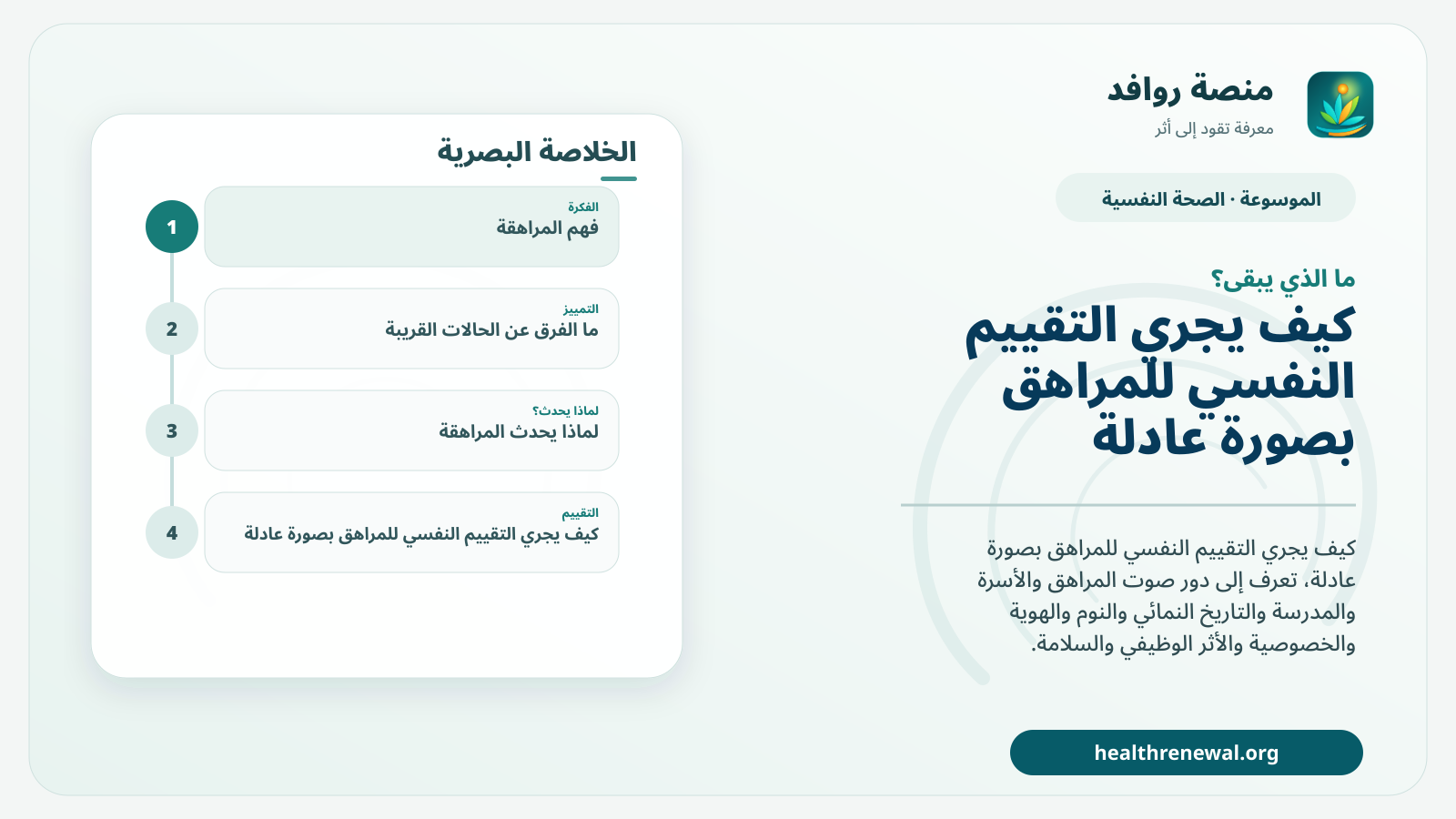 مخطط ختامي من منصة روافد يلخص «المراهقة: التقييم النفسي» ويعرض أهم المحاور والخطوات التالية