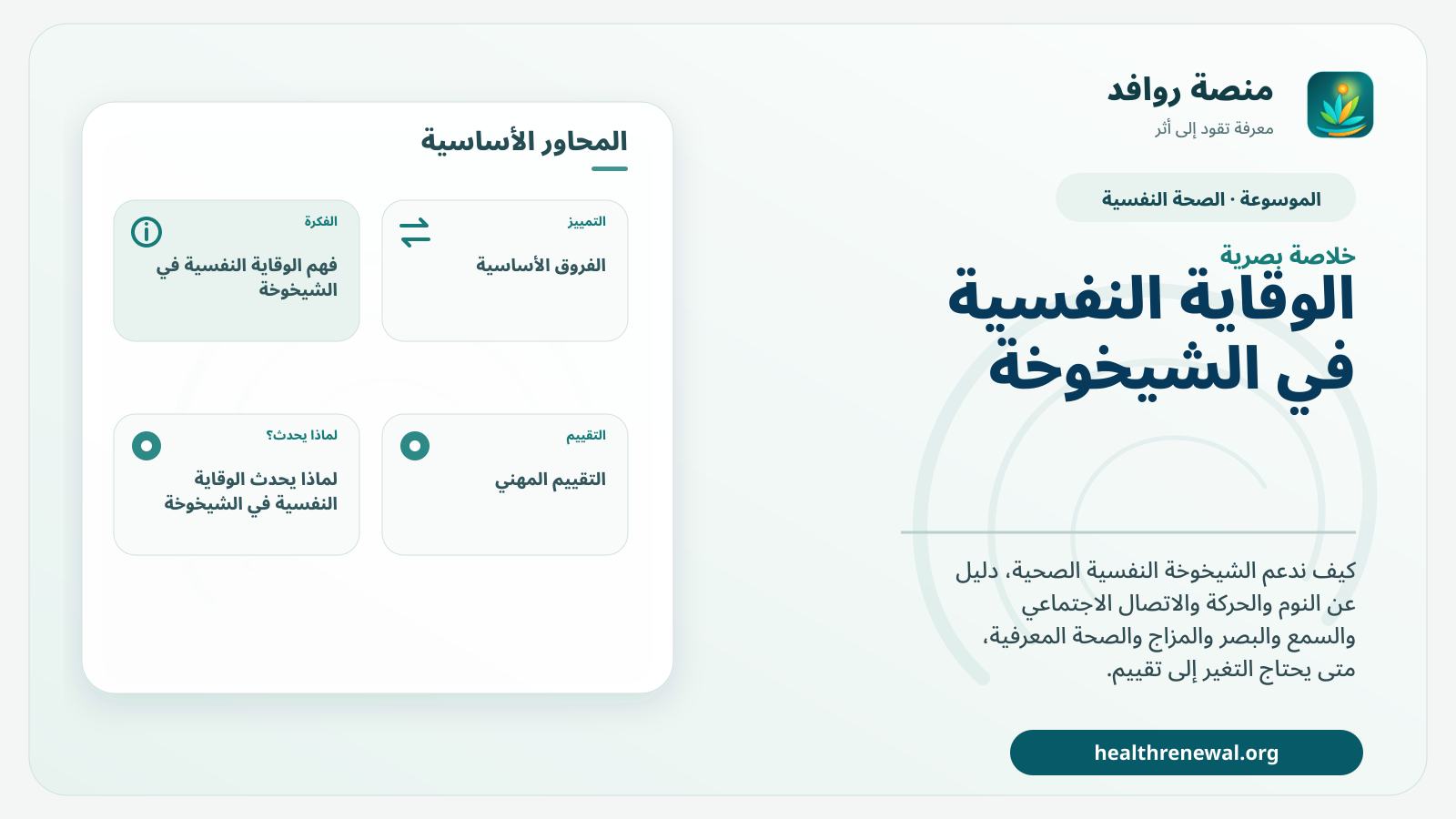 صورة بارزة من منصة روافد تلخص «الوقاية النفسية في الشيخوخة: ما الذي يمكن حمايته وما الذي يحتاج تقييمًا؟» بصريًا وفق محاور الصفحة الأساسية