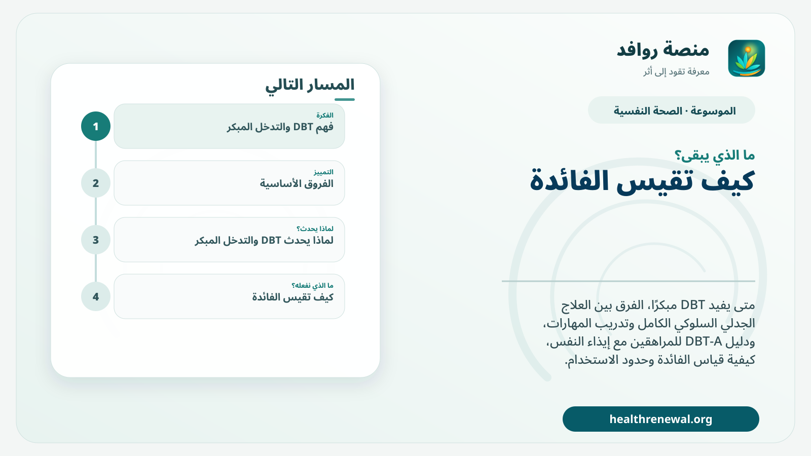 مخطط ختامي من منصة روافد يلخص «DBT والتدخل المبكر: متى تفيد المهارات ومتى نحتاج برنامجًا علاجيًا كاملًا؟» ويعرض أهم المحاور والخطوات التالية