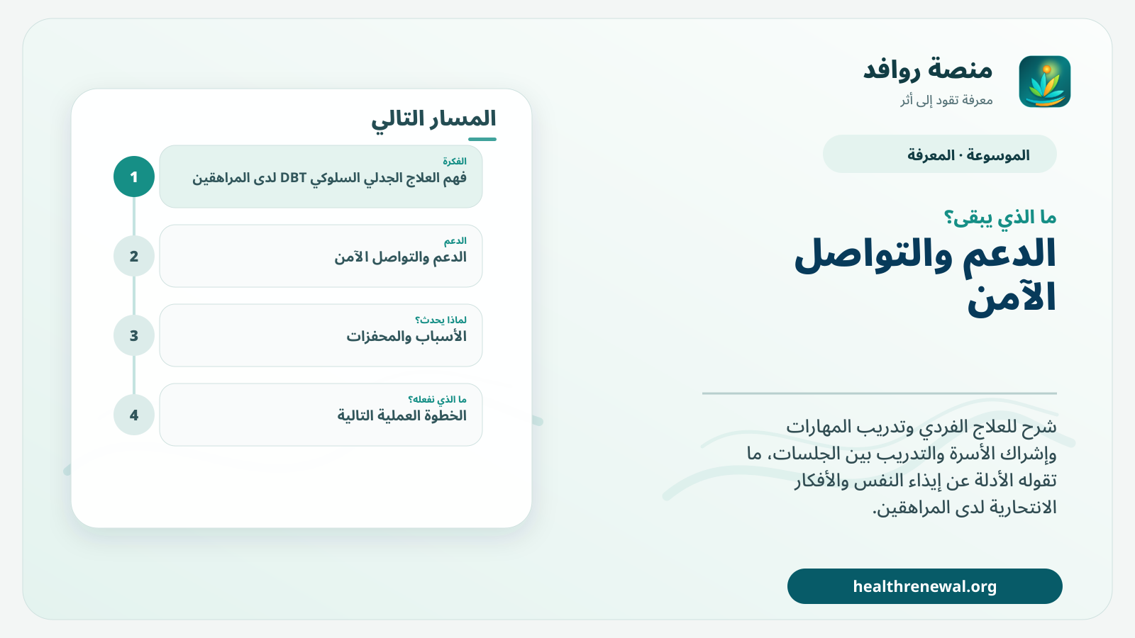 مخطط ختامي من منصة روافد يلخص «العلاج الجدلي السلوكي DBT لدى المراهقين: متى يفيد وما مكوناته؟» ويعرض أهم المحاور والخطوات التالية