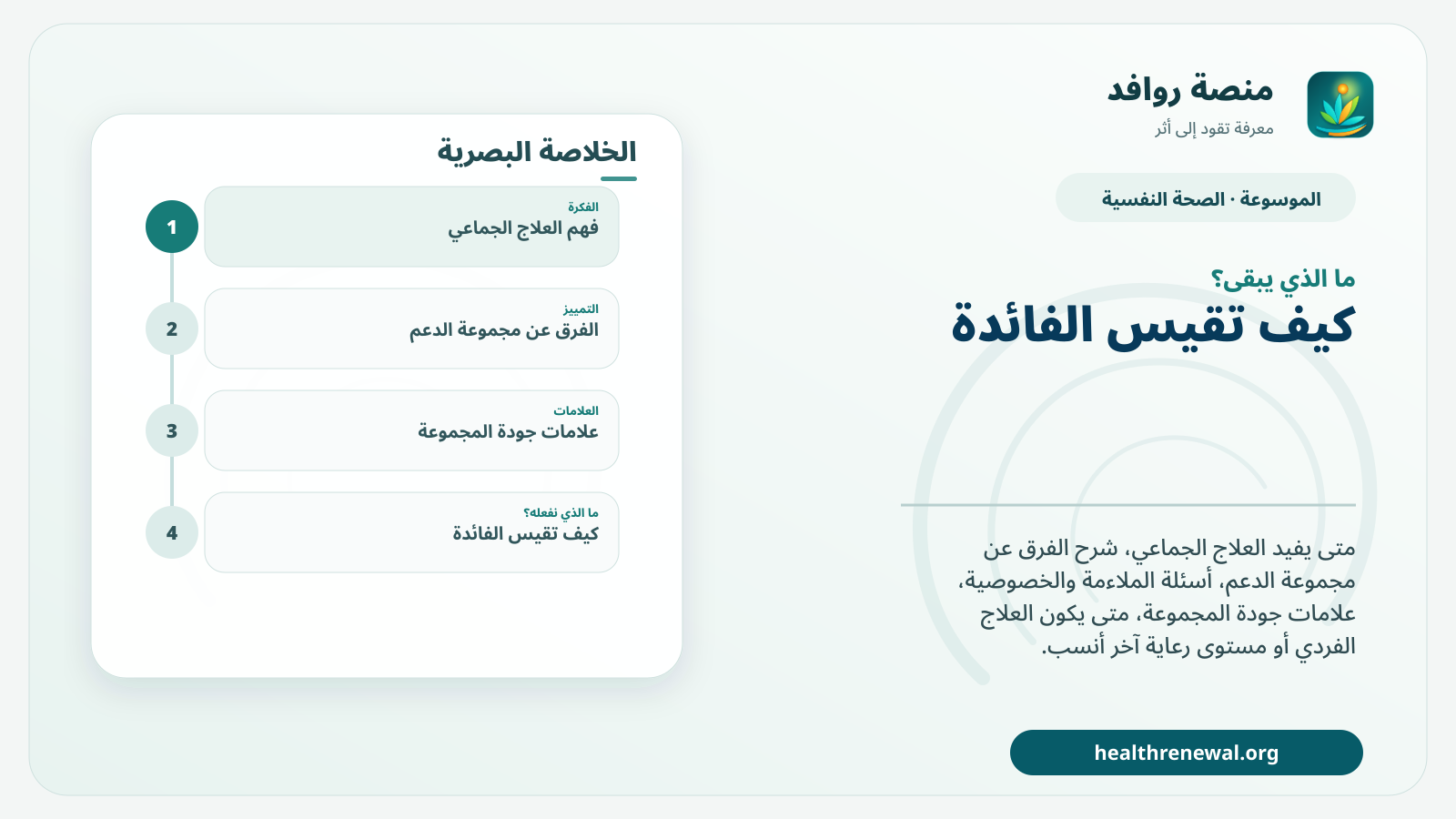مخطط ختامي من منصة روافد يلخص «العلاج الجماعي: متى يكون مناسبًا ومتى نحتاج خيارًا آخر؟» ويعرض أهم المحاور والخطوات التالية