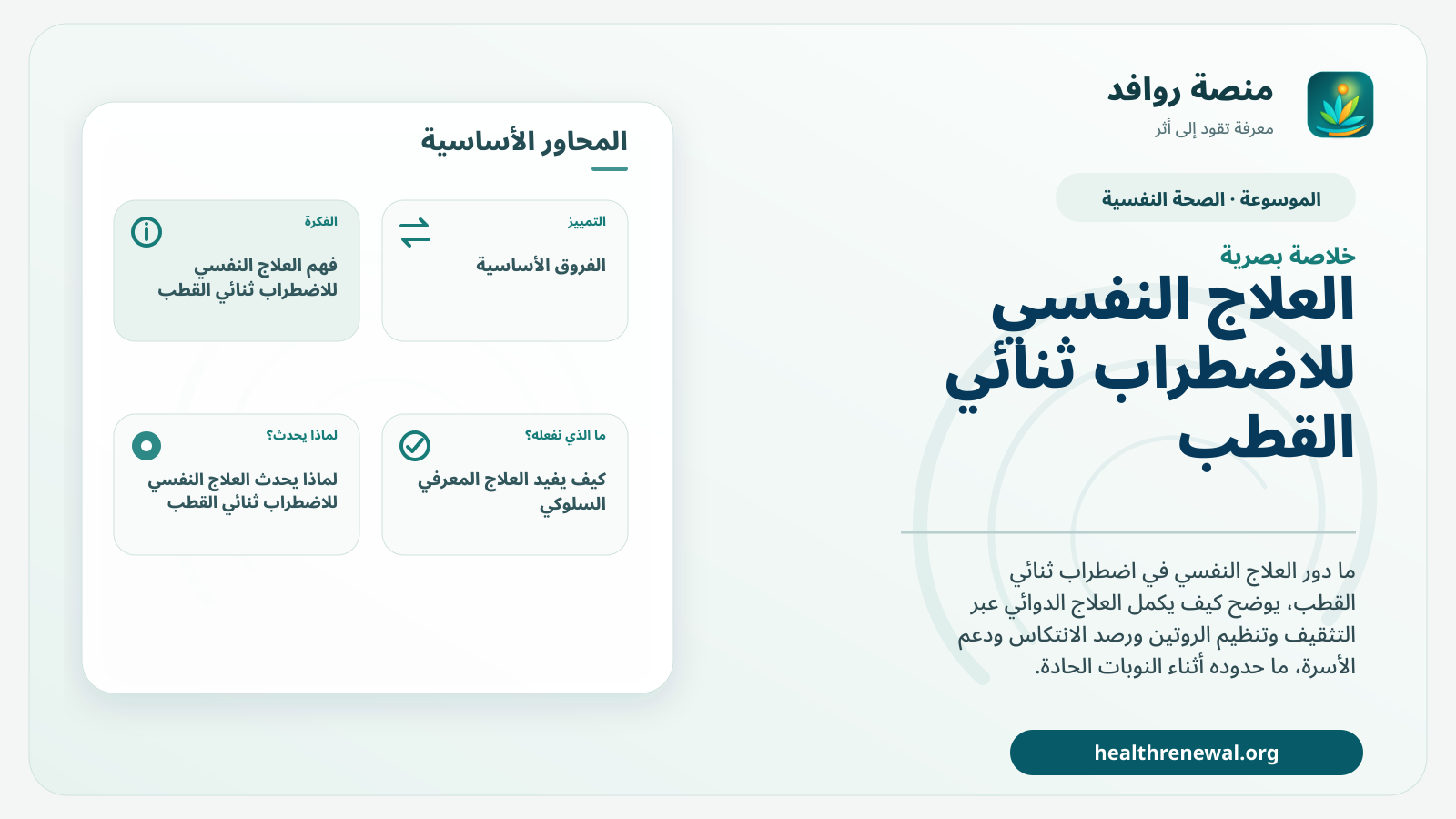 صورة بارزة من منصة روافد تلخص «العلاج النفسي للاضطراب ثنائي القطب: دوره وحدوده مع العلاج الدوائي» بصريًا وفق محاور الصفحة الأساسية