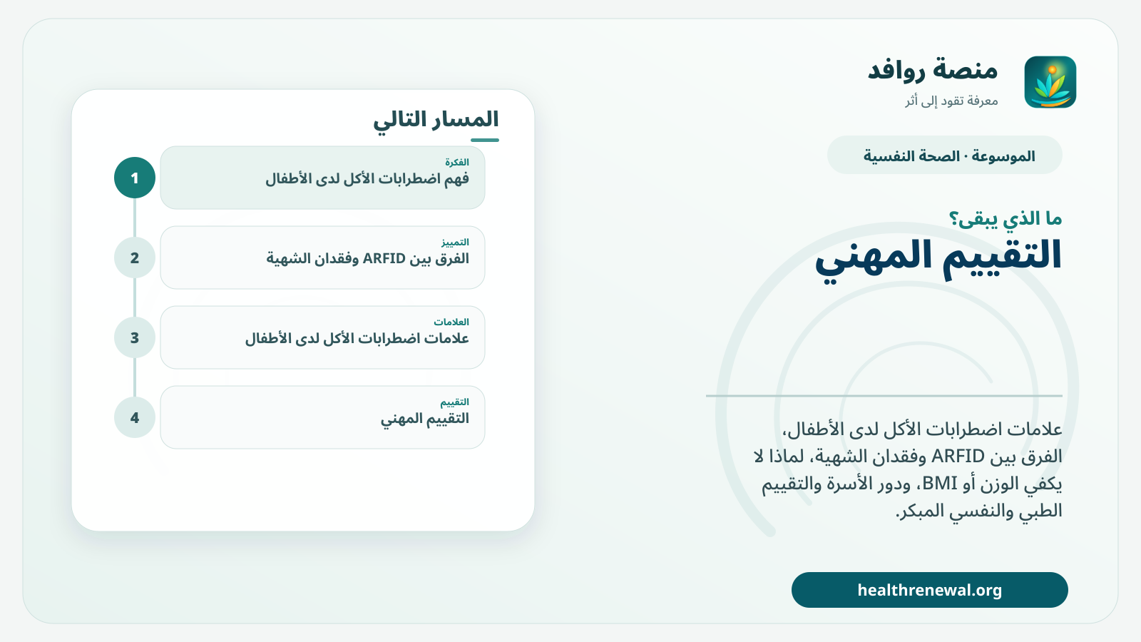 مخطط ختامي من منصة روافد يلخص «اضطرابات الأكل لدى الأطفال: العلامات والتقييم والعلاج المبكر» ويعرض أهم المحاور والخطوات التالية