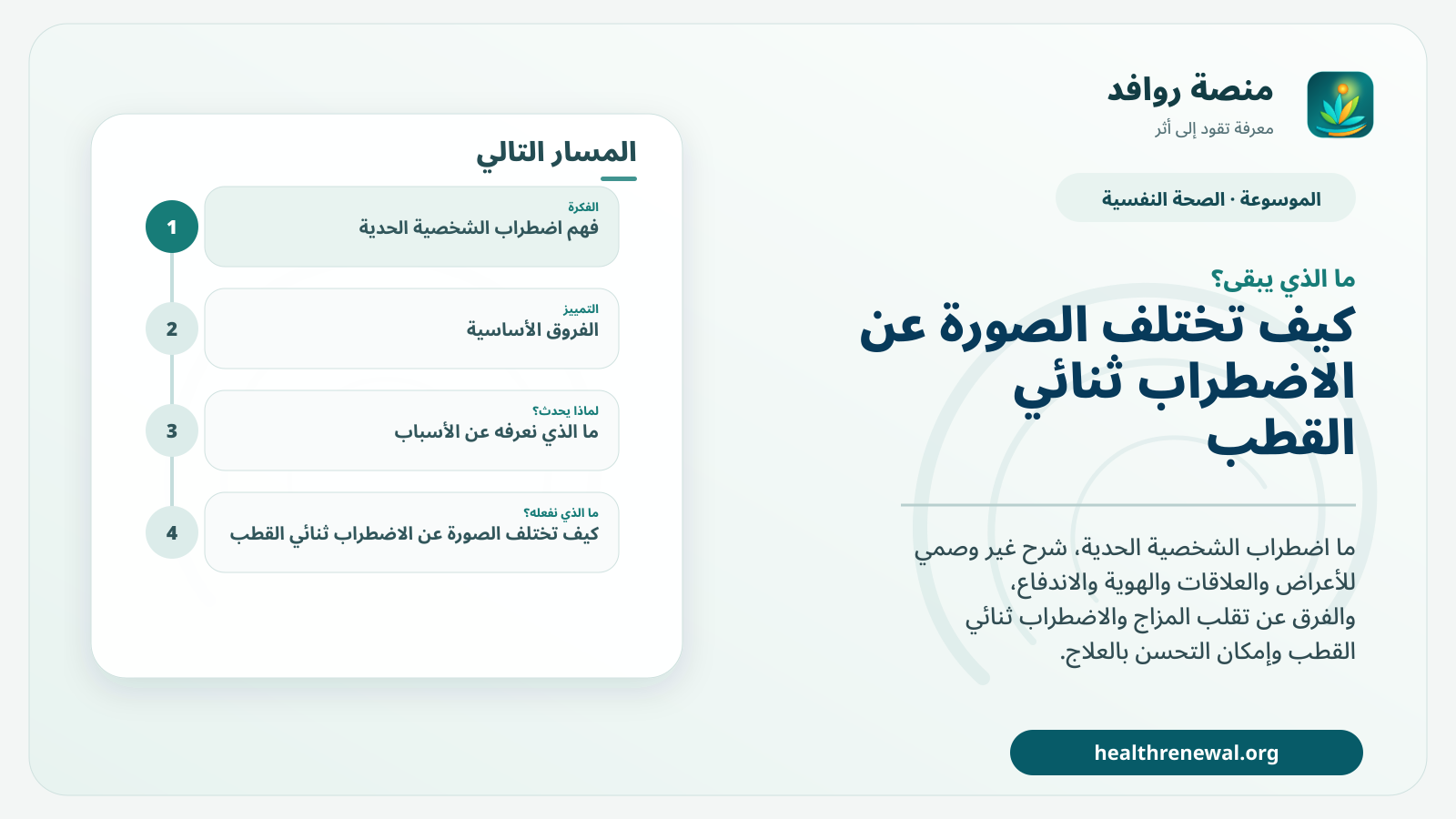 مخطط ختامي من منصة روافد يلخص «اضطراب الشخصية الحدية: ما هو وما الذي يميّزه عن التقلب العابر؟» ويعرض أهم المحاور والخطوات التالية