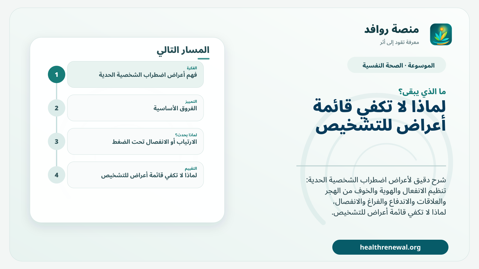 مخطط ختامي من منصة روافد يلخص «أعراض اضطراب الشخصية الحدية: الانفعال والهوية والعلاقات والاندفاع» ويعرض أهم المحاور والخطوات التالية