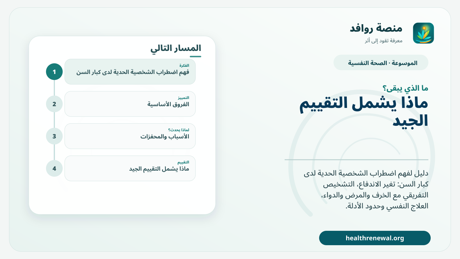 مخطط ختامي من منصة روافد يلخص «اضطراب الشخصية الحدية لدى كبار السن: ما الذي يتغير مع العمر؟» ويعرض أهم المحاور والخطوات التالية