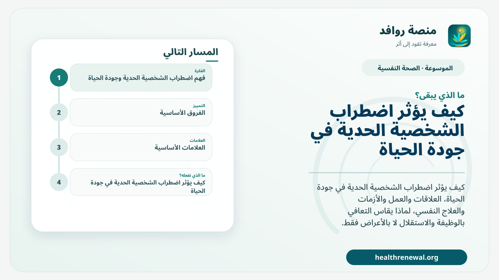 مخطط ختامي من منصة روافد يلخص «اضطراب الشخصية الحدية وجودة الحياة: التعافي أبعد من خفض الأعراض» ويعرض أهم المحاور والخطوات التالية