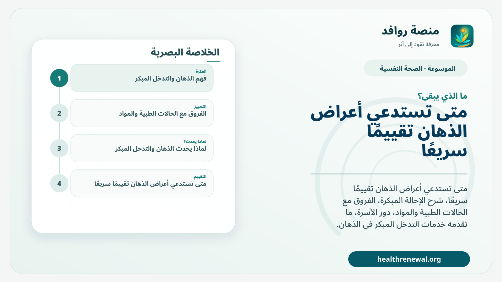 مخطط ختامي من منصة روافد يلخص «الذهان والتدخل المبكر: لماذا يهم الوقت؟» ويعرض أهم المحاور والخطوات التالية