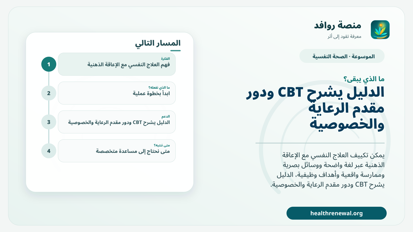 مخطط ختامي من منصة روافد يلخص «العلاج النفسي مع الإعاقة الذهنية: كيف تُكيّف الجلسات دون خفض التوقعات؟» ويعرض أهم المحاور والخطوات التالية