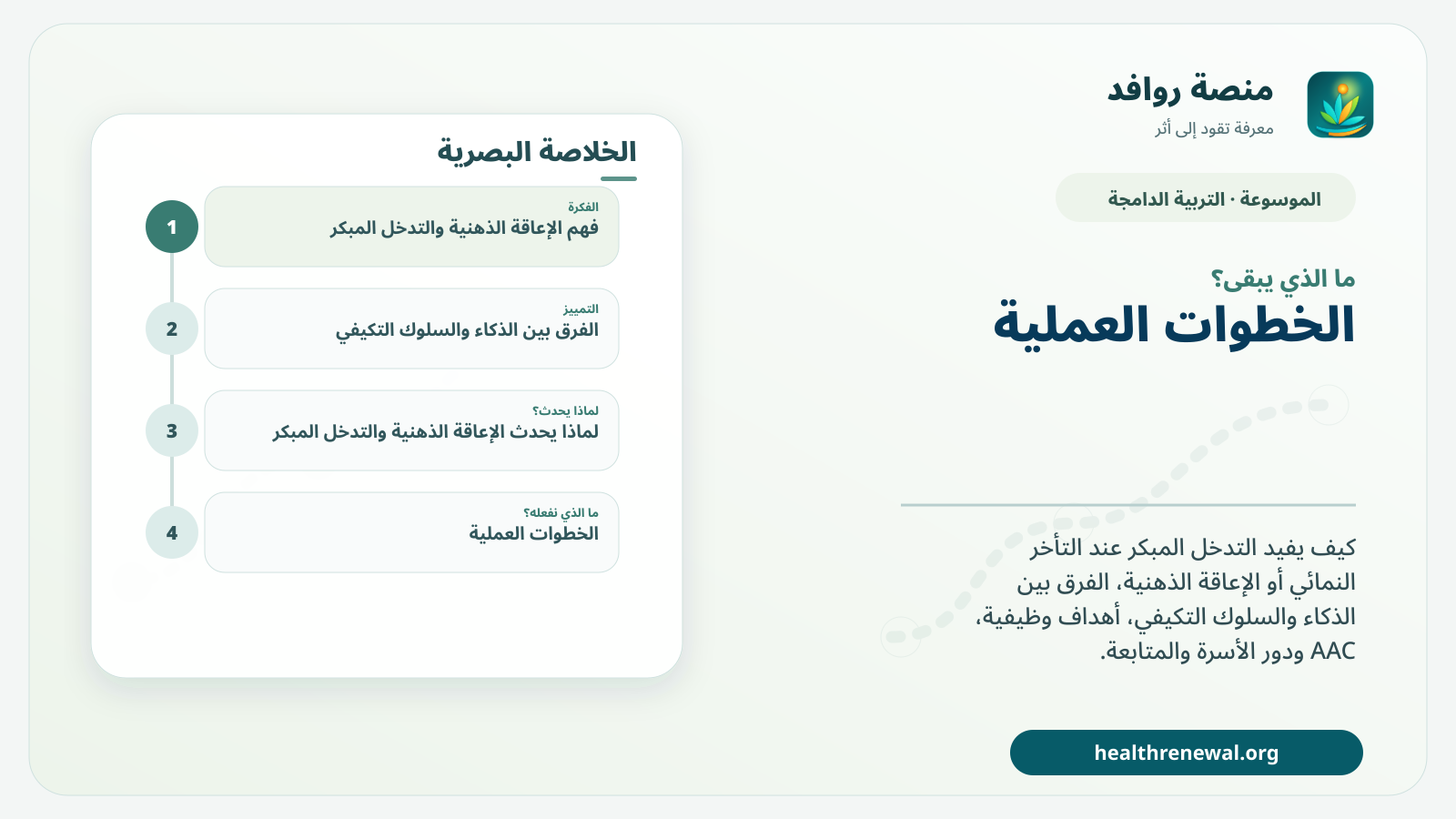 مخطط ختامي من منصة روافد يلخص «الإعاقة الذهنية والتدخل المبكر: دعم الوظيفة قبل انتظار كل الإجابات» ويعرض أهم المحاور والخطوات التالية