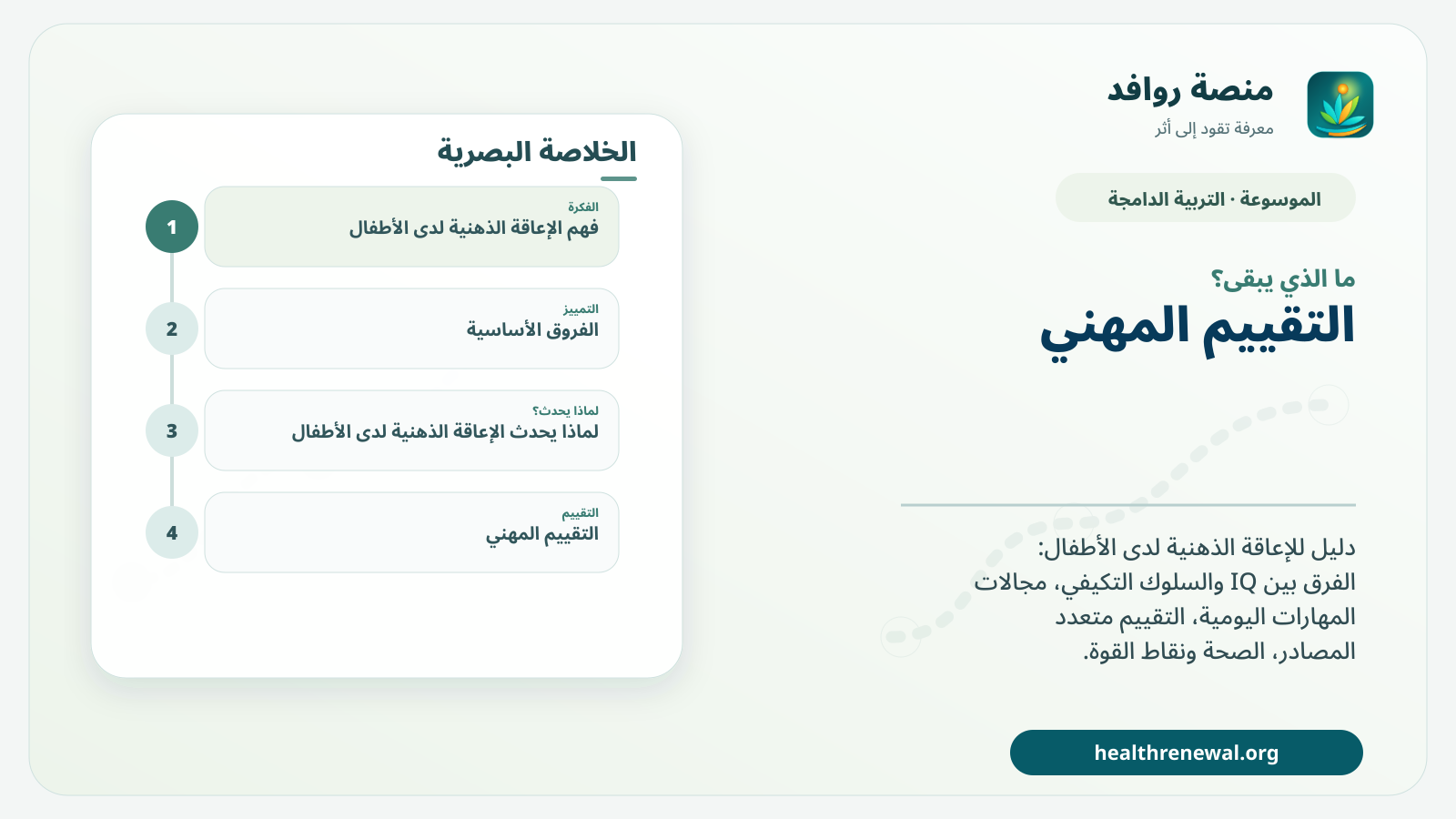 مخطط ختامي من منصة روافد يلخص «الإعاقة الذهنية لدى الأطفال: التقييم والمهارات التكيفية والدعم» ويعرض أهم المحاور والخطوات التالية