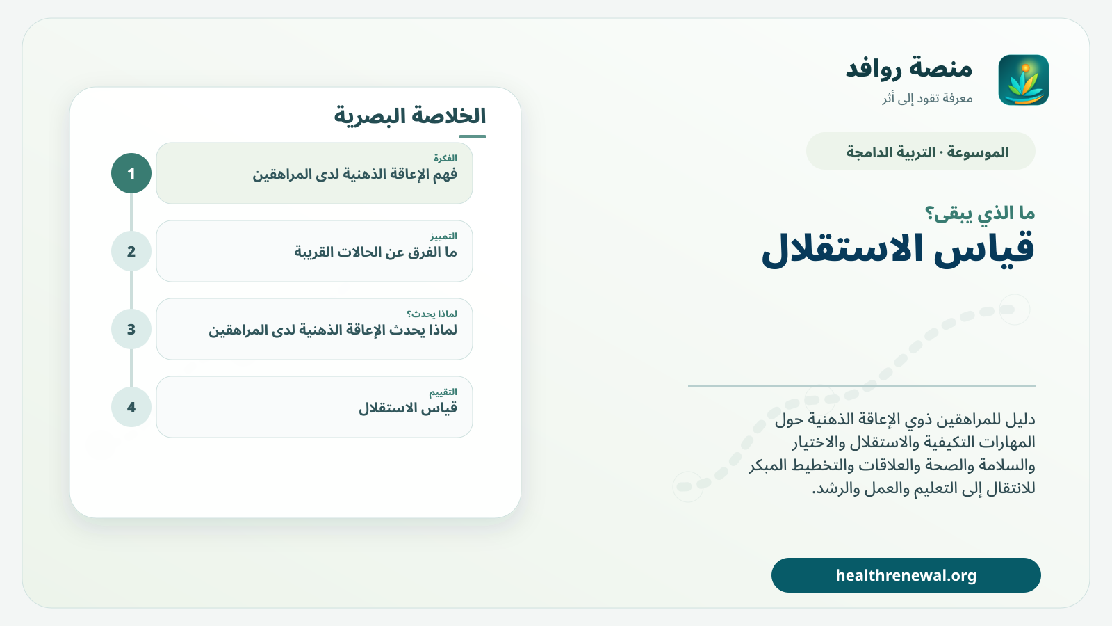 مخطط ختامي من منصة روافد يلخص «الإعاقة الذهنية لدى المراهقين: الاستقلال والمهارات التكيفية والانتقال للرشد» ويعرض أهم المحاور والخطوات التالية