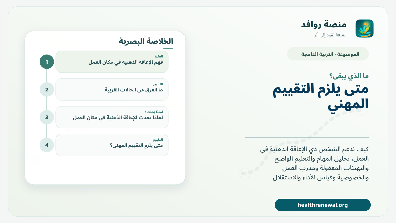 مخطط ختامي من منصة روافد يلخص «الإعاقة الذهنية في مكان العمل: الدعم المعقول بدل افتراض عدم القدرة» ويعرض أهم المحاور والخطوات التالية