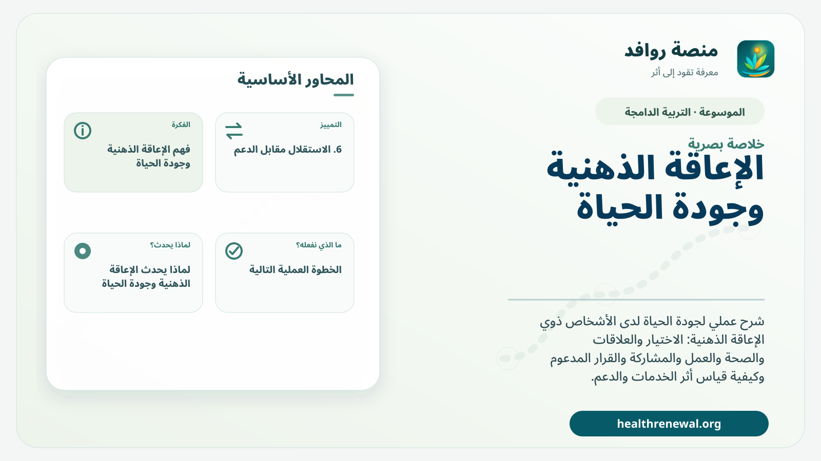 صورة بارزة من منصة روافد تلخص «الإعاقة الذهنية وجودة الحياة: الاختيار والمشاركة والدعم الذي يصنع فرقًا» بصريًا وفق محاور الصفحة الأساسية