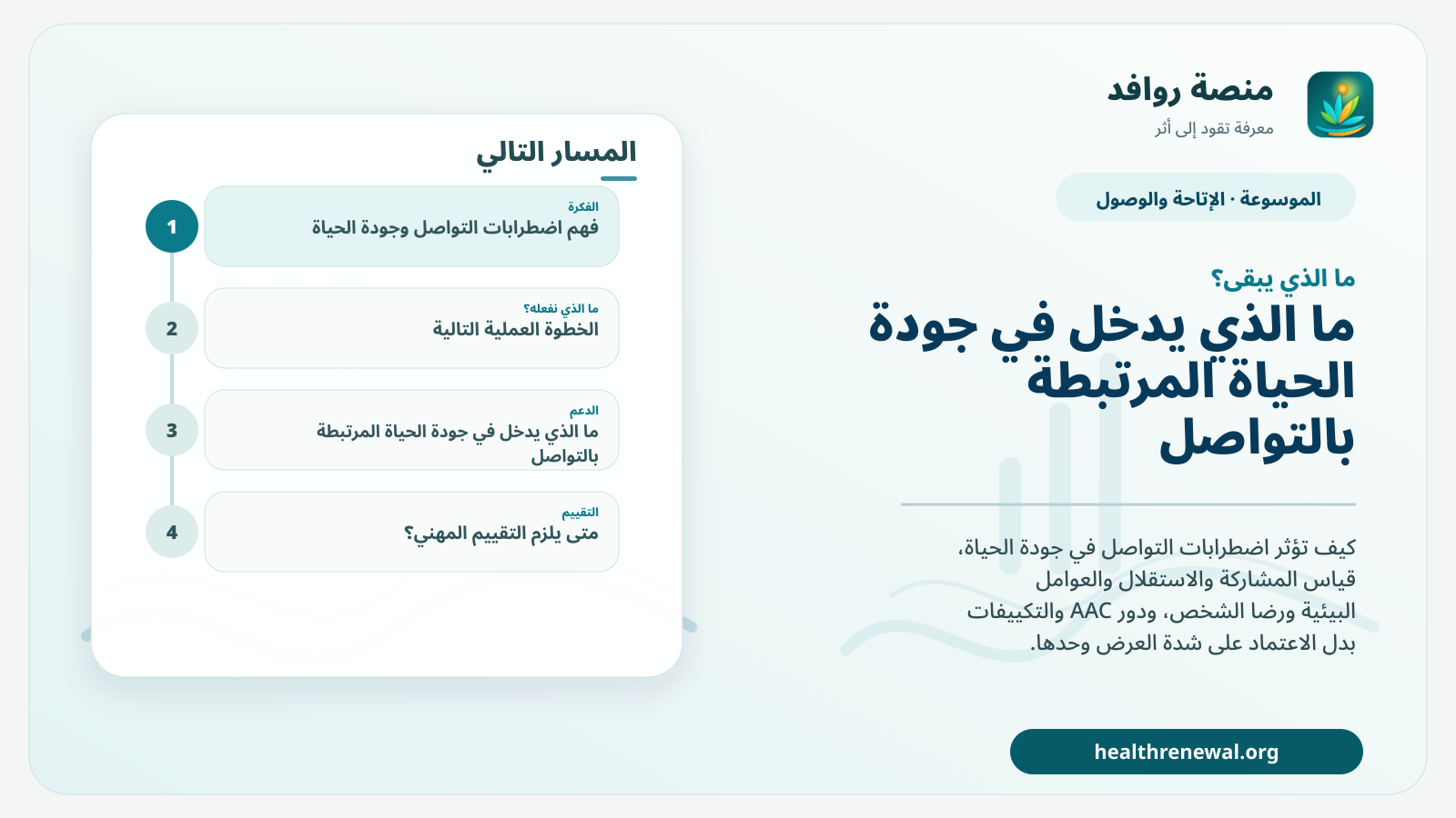 مخطط ختامي من منصة روافد يلخص «اضطرابات التواصل وجودة الحياة: كيف نقيس المشاركة لا الأعراض فقط؟» ويعرض أهم المحاور والخطوات التالية
