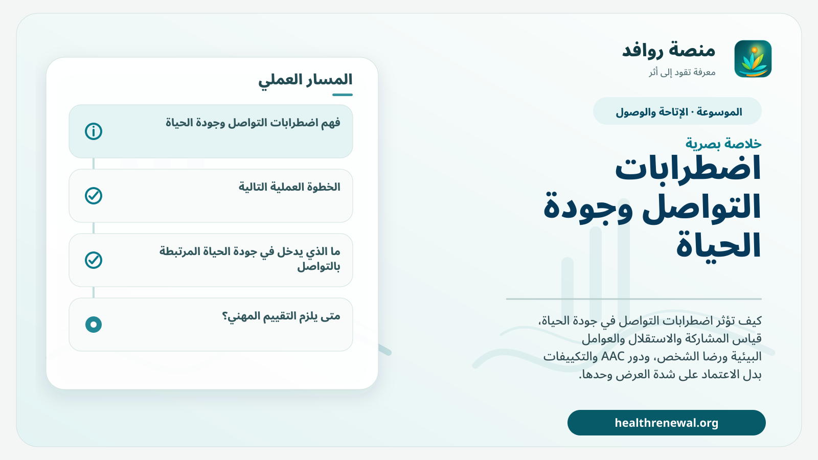 صورة بارزة من منصة روافد تلخص «اضطرابات التواصل وجودة الحياة: كيف نقيس المشاركة لا الأعراض فقط؟» بصريًا وفق محاور الصفحة الأساسية