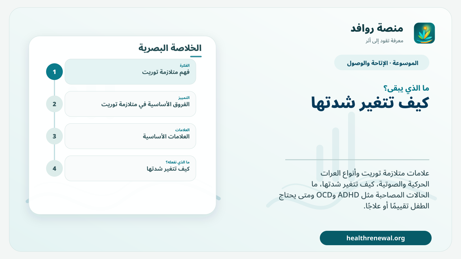 مخطط ختامي من منصة روافد يلخص «متلازمة توريت: الأعراض والعلامات» ويعرض أهم المحاور والخطوات التالية