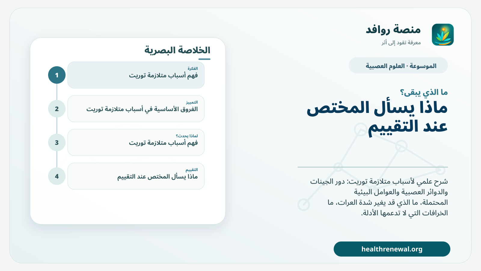 مخطط ختامي من منصة روافد يلخص «أسباب متلازمة توريت: دور الجينات والدماغ وما الذي لا نعرفه بعد» ويعرض أهم المحاور والخطوات التالية