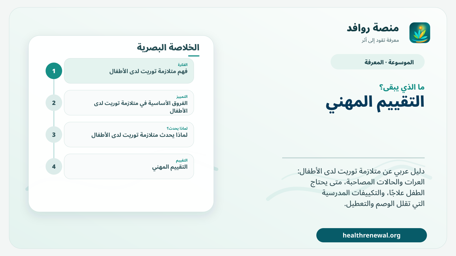 مخطط ختامي من منصة روافد يلخص «متلازمة توريت لدى الأطفال: العرات والتقييم والدعم في المدرسة» ويعرض أهم المحاور والخطوات التالية