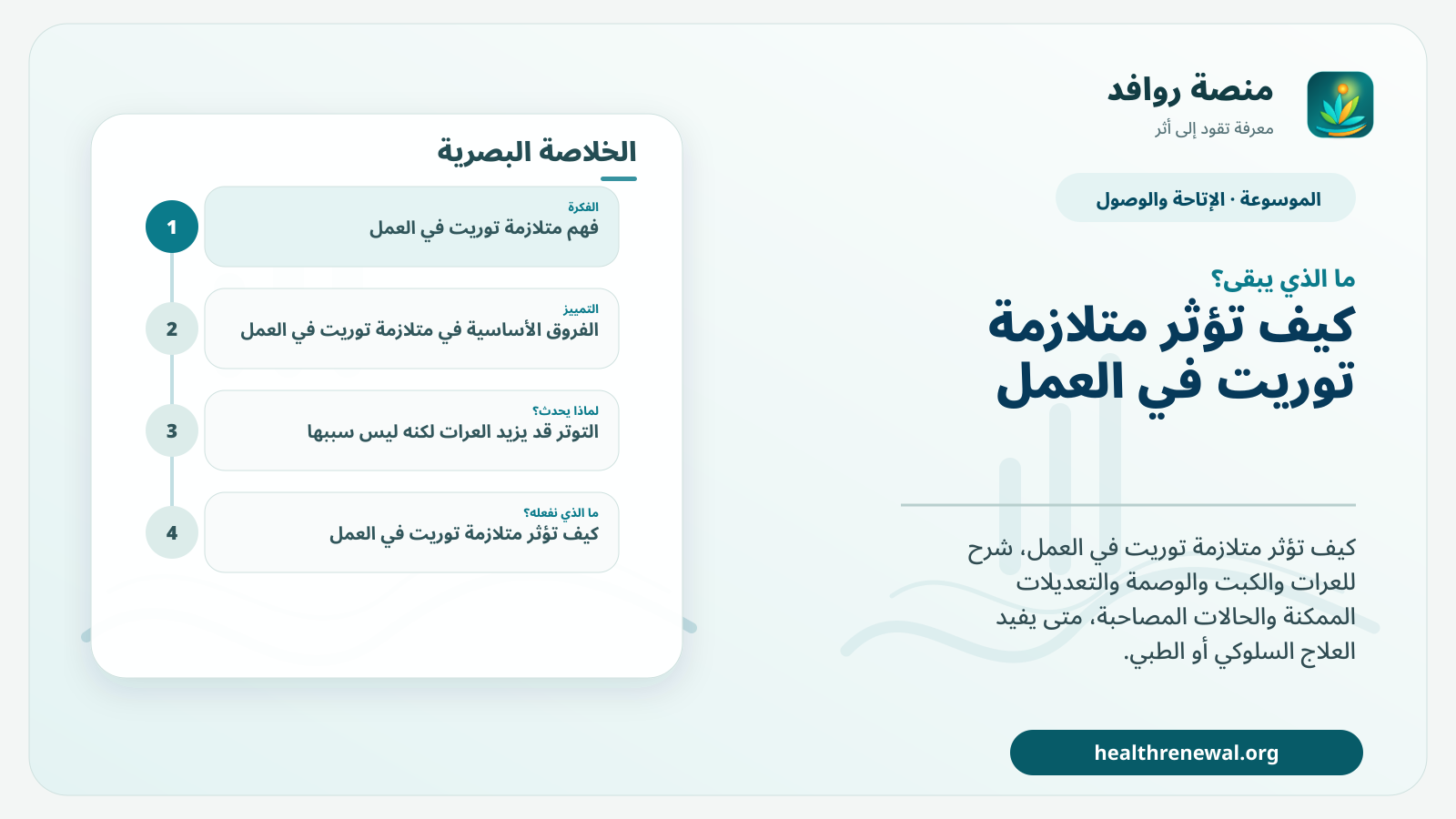 مخطط ختامي من منصة روافد يلخص «متلازمة توريت في العمل: العرات والتعديلات وتقليل الوصمة» ويعرض أهم المحاور والخطوات التالية