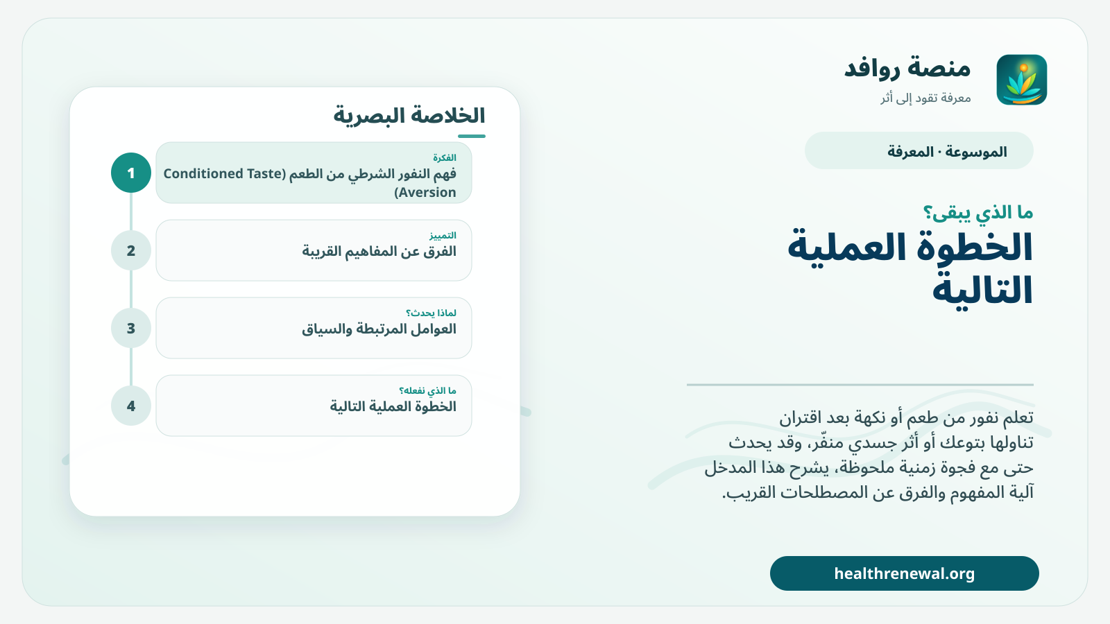 مخطط ختامي من منصة روافد يلخص «النفور الشرطي من الطعم (Conditioned Taste Aversion)» ويعرض أهم المحاور والخطوات التالية