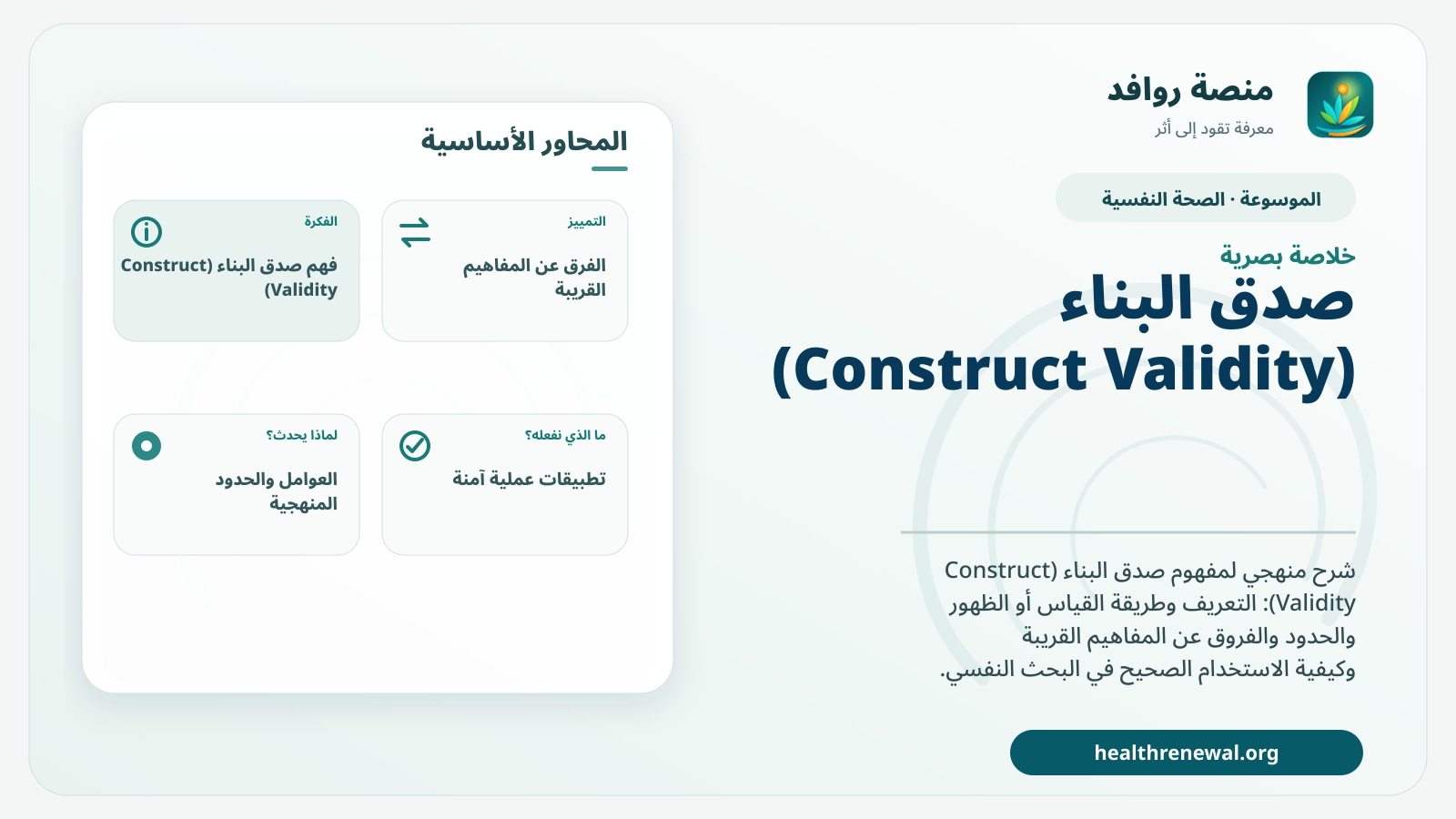 صورة بارزة من منصة روافد تلخص «صدق البناء (Construct Validity)» بصريًا وفق محاور الصفحة الأساسية